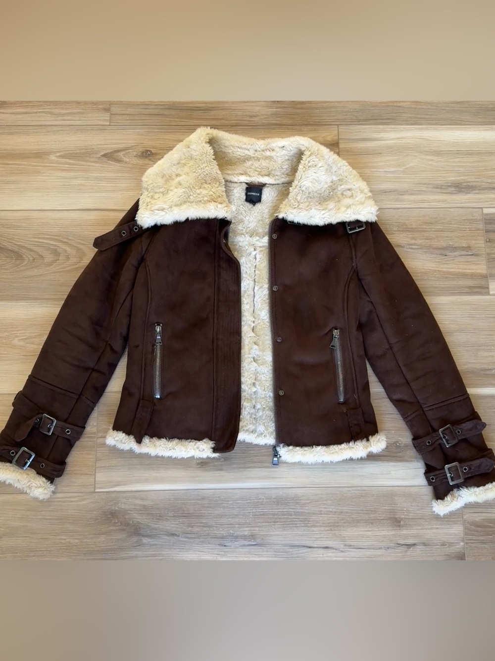 Y2K Express Chocolate Brown Faux Suede Shearling Bomber Jacket S